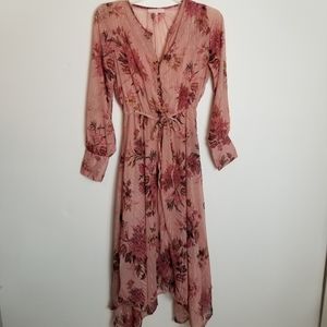 Une Ame Floral Asymmetrical Hemline long Sleeve Sheer Lined Slip Dress